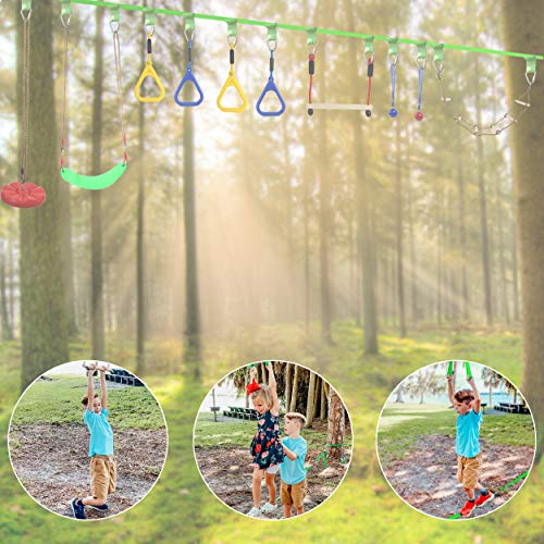 Gentle Booms Sports Ninja Warrior Line Hanging Obstacle Course for Kids Activities- 56ft Slackline Kit, Monkey Bar, Ninjaline Ladder, fist, Rings- Backyard Tree Training Equipment Outdoor Play Gym