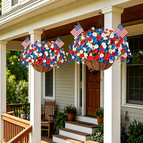 SIECCY Artificial Hanging Flower Baskets Red White and Blue Patriotic Faux Flowers UV Resistant for Outdoor Porch 4th of July Decor 2 Pack