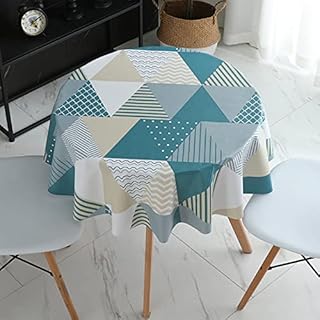 Qucover Round Table Cloth Wipeable Nordic Style Mixed Blue Geometric Pattern Waterproof Vinyl PVC Tablecloth for Circular Table, Stain Resistant Oil-Proof Plastic Table Cover Wipe Clean 140cm