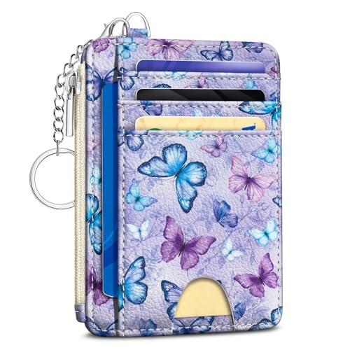 Image of Kelvoris Butterfly Credit Card Holder Slim Wallet Women Small RFID Keychain | Keychain, Zipper Coin Pocket, Front Pocket Thin Travel Card Case, Minimalist, 6 Card Slots, 1 ID Window, Ladies Gifts Woman