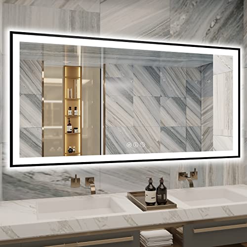 EchosLife 72x36 Bathroom Mirror With Lights - Black Aluminum Framed (Front and Backlit), Anti-Fog LED Lighted Bathroom Mirror,Stepless Dimmable Vanity Mirror,3 Colors Smart Mirror(Horizontal/Vertical)