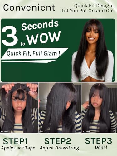 Image of KLAIYI Bye Bye Slip Yaki Straight 7X5 Precut Lace Front Human Hair Wig with Wispy Bangs Layer Cut Drawstring Glueless 3S Ready to Wear and Go Wig Pre Plucked Bleached Knots Natural Blowout Wig 20Inch