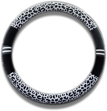 INEBIZ Luxury Leopard Print Fashionable Plush Car Steering Wheel Cover, Universal Fit, Keep Warm for Car SUV Black+White