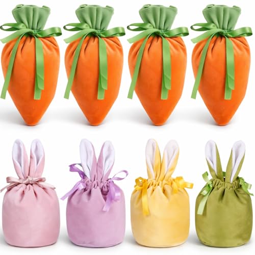 8 Stück Osternester Zum Befüllen Set, Ostertüten Zum Befüllen, Ostertüten, Süße Hasenohren & Karotten Design, Geschenktüten Ostern Für Kinder Eiersuche, Weiche Ostertasche Aus Stoff