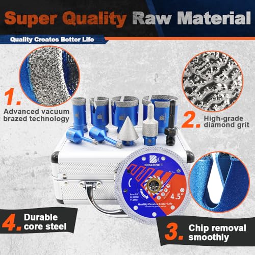 Image of Diamond Core Drill Bit Set - BRSCHNITT Tile Hole Saw Kit 1 /4 inch 5 /16 inch 1 inch 1-3 /8 inch2 inch 2-1 /2 inch & 3 /8 inch-1 inch Finger Bit & 1-3 /8 inchChamfer Bit for Porcelain Tile Ceramic Marble Granite Diamond Blade