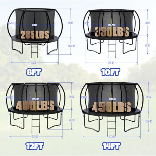 Kiivakii 10 12FT Trampoline, Outdoor Recreational Trampolines for Kids and Adults, Big Round Trampoline with Net & Ladder, Backyard Trampoline for Outdoor Game, ASTM, Black - Thumbnail 7