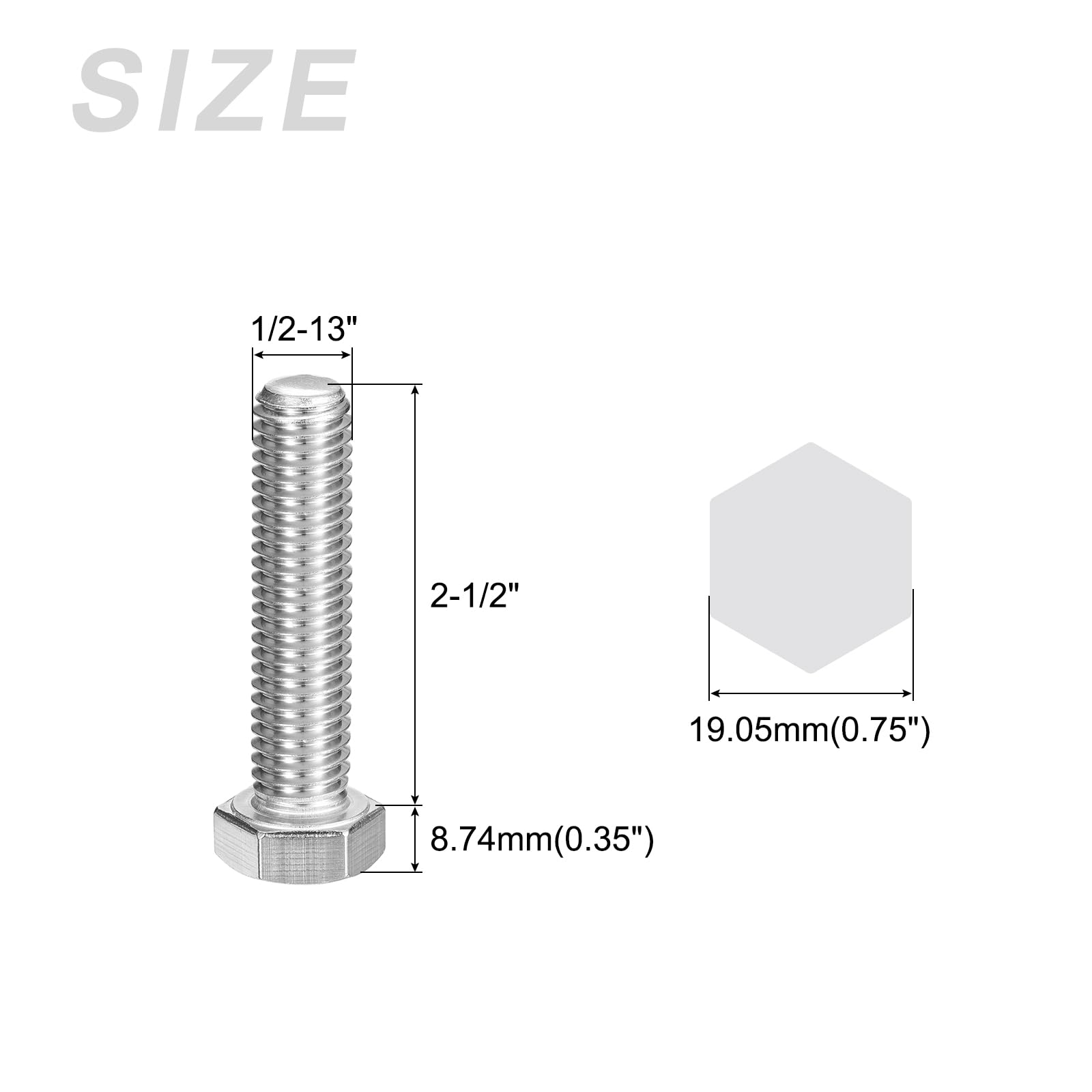 METALLIXITY Hex Head Bolts (1/2-13 x 2-1/2") 25Pcs, 304 Stainless Steel 18-8, Fully Threaded, External Hex Drive - Image 2