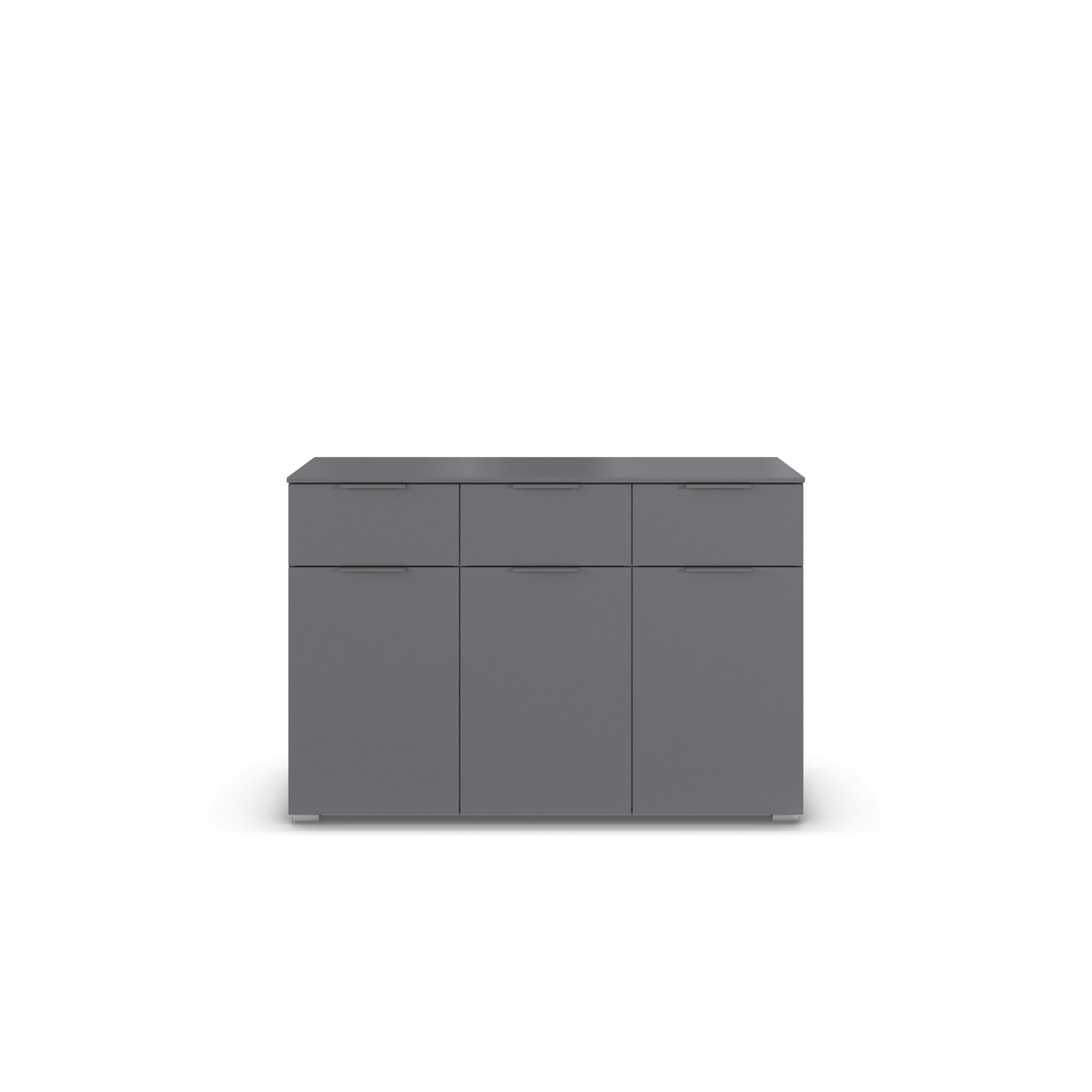 Rauch Möbel Alabama, Kommode für Schlafzimmer, Kinderzimmer, Garderobe, Flur, 3-türig, mit 3 Schubladen, Soft-Close-Funktion, Farbe Grau metallic, Schwarz, Maße 120x81x42cm | Sideboard 3-türig, 3 Schubladen, Soft-Close-Funktion, Griff Grau metallic, für S