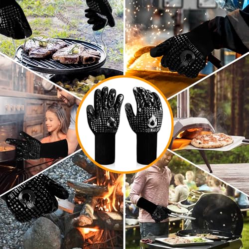 Reinalin Grillhandschuhe Hitzebeständig bis 800°C, Ofenhandschuhe Topfhandschuhe Feuerfeste Handschuhe BBQ Handschuhe Kochhandschuhe Backhandschuhe Backofenhandschuhe (S/M, Schwarz-f1)