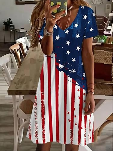Image of LUKYCILD American Flag Dress Women 4th of July Patriotic Shirt USA Stars Stripes Dresses Sexy V- Neck Summer Sundress