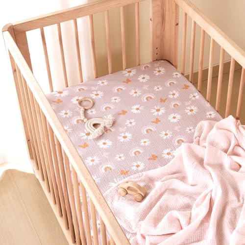 Image of TILLYOU 2 Pack Muslin Crib Sheets for Boys and Girls, 100% Cotton Fitted Crib Sheet for Toddler 52x28 Standard Crib Mattress, Pink Butterfly
