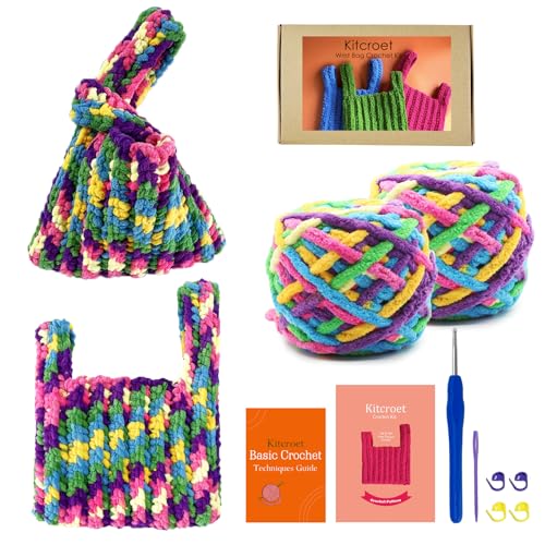 Kitcroet Kit de bolsa de crochê, bolsa de pulso, kit de crochê para iniciantes para adultos com tutoriais em vídeo passo a passo, faça você mesmo, suprimentos de tricô para iniciantes, kit completo