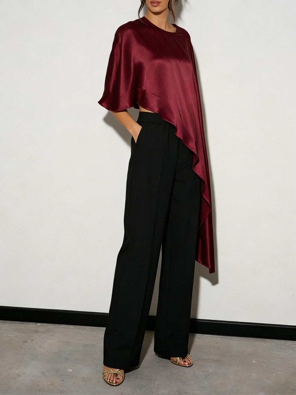 Women Asymmetrical Hem Satin Silky Shawl Wraps Elegant Round Neck Dressy Cape Poncho Top Flowy Loose Fit Cover Up Blouse