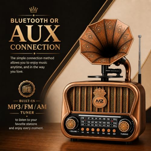 Image of Fire Turtle Vintage-Style FM Radio with Bluetooth Speaker | Portable Retro Music Player with Type-C Charging USB, SD Card, Headphone Jack & Frequency Knob - Brown (FR23)