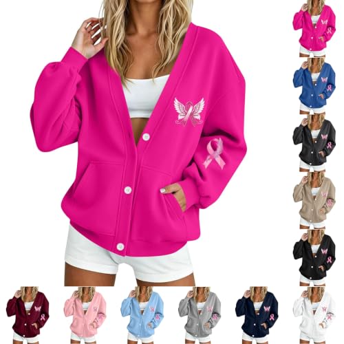 Breast Cancer Awareness Sweatshirt for Women Fleece Long Sleeve Cardigan