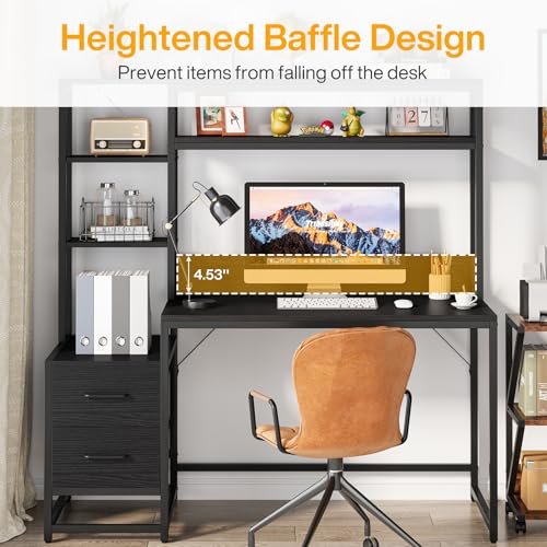 Image of Tribesigns 55 Inch Computer Desk with 2 Drawers and Storage Shelves, Rustic Office Desk with Hutch, Study Writing Gaming Table Laptop Workstation for Home Office (Black)