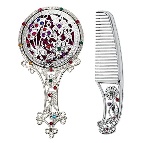 Lurrose 1 Set Vintage Mirror Comb Set Metal Antique Handheld Makeup Mirror Travel Cosmetic Mirror Decorative Tabletop Mirror Silver #TOP6