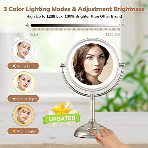 Professional 8.5" Large Lighted Makeup Mirror Updated With 3 Color Lights, 1X/10X Magnifying Swivel Vanity Mirror With 48 Premium Led Lights, Brightness Dimmable Cosmetic Mirror, Senior Pearl Nickel #TOP2