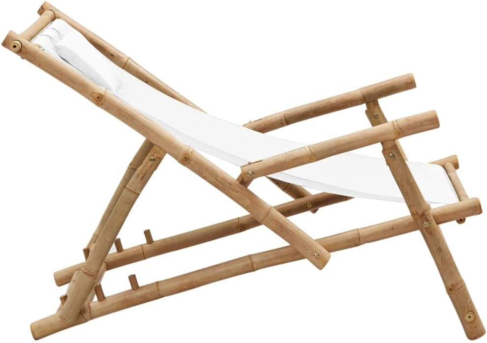 Folding Bamboo Deck Chair Cream 41.7"x23.6"x35.4" Canvas Zero Gravity Lounger Lightweight Outdoor Patio Recliner for Garden, Porch, Balcony, Camping and Beach Relaxation