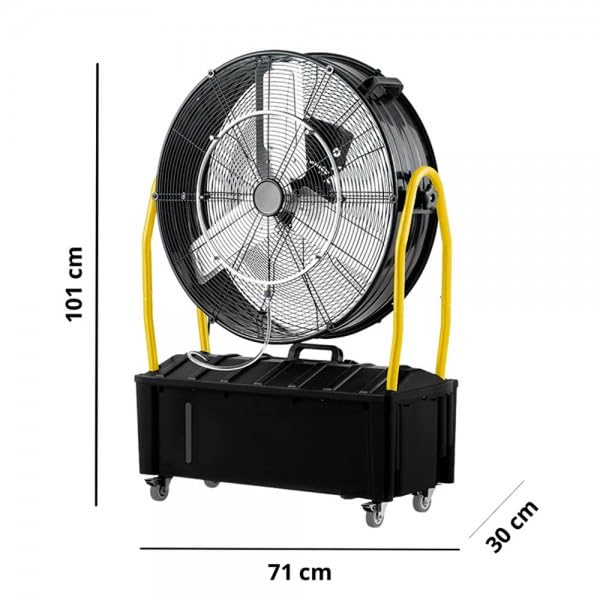 Bilake Ventilador Nebulizador Industrial | Depósito Humificador | Reduce la Temperatura | Con Ruedas | Oscilación Ajustables | Industrial, Exterior, Interior, Hogar, Comercio (Ø65cm | 25L | 300W)