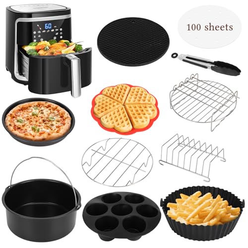 Heißluftfritteuse Zubehör 12 Stück Airfryer Zubehör für Aigostar 4.2L 7l COSORI 5 5L Philips 6.2L 7 2L Cecotec 6L Tefal 6 5L BPA-frei mit Pizzablech Backpapier Waffelform