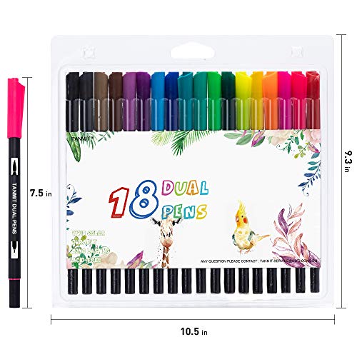 Tanmit Dual Tip Brush Pen Art Markers, Fine Point Markers & Calligraphy Brush Pens for Journaling, Sketching, Hand Lettering, Coloring Books, Art Suppliers (18 Colors)