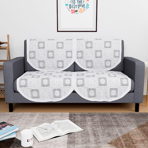 Image of Kuber Industries (Set of 4) Stylish & Durable Cotton Sofa Covers 2 Seater | Washable Sofa Protector /Mat & Slipcover for Hall, Living Room & Office | Square Flower - White