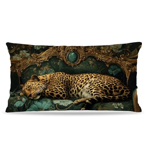 DAYOUER Emerald Green Leopard Pillow Cover 12x20 Double-Sided, Cheetah Room Decor, Maximalist Eclectic Sleeping Cheetah Baroque Decorative Pillow Cover for Home Bedroom Living Room