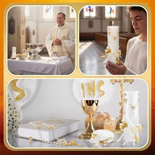 Liliful 7 Pcs White Baptism Candle Set Catholic Baptismal Candle Towel Rosary Necklace Shell Pin Pendant Christening Gift for Godparent Guest Favor Decoration First Holy Communion Gift (Fresh,Gold) by Liliful - Image 4
