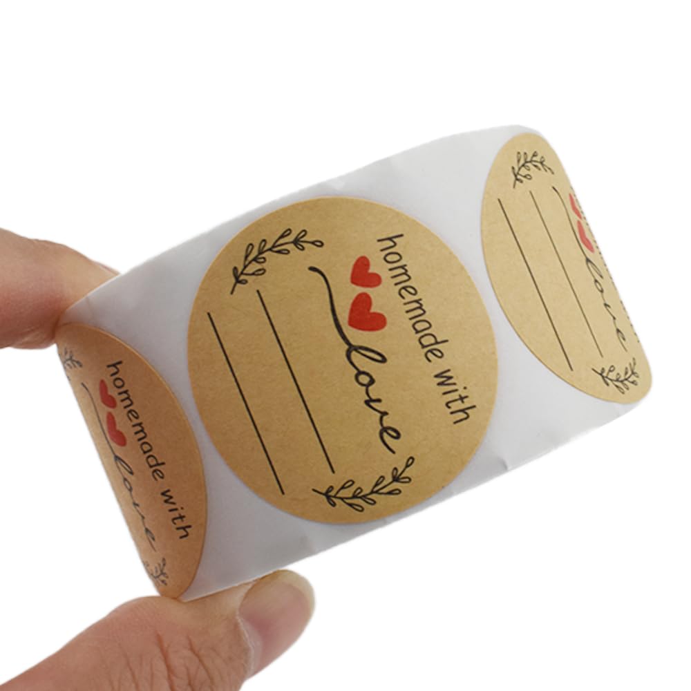 HAHIYO 1.5Inch 500P Round Natural Brown Kraft Stickers - Blank Kraft Labels Stickers Roll with Line to Write On, Homemade with Love Dot Stickers for