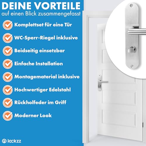 lockzz Türgriff Drückergarnitur Nürnberg, Edelstahl, Türbeschlag für Badezimmertüren, Langschild, L-Form, WC - Badezimmer