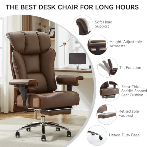 Big and Tall Ergonomic Office Chair 450LBS with Foot Rest, High Back PU Leather Executive Chair with Adjustable Padded Armrests, Lumbar Support for Home or Work, Heavy Duty Computer Chair, Brown