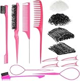 HEYMKGO Hair Styling Comb Set 5Pcs Slick Back Hair Brush Set Rat Tail Comb Edges Brush Wide ToothComb 2Pcs Topsy Tail Hair Tool 4Pcs Hair Clips For Styling Bobby Pins Black Clear Elastic Hair Bands