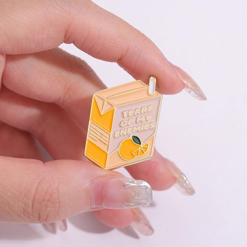 Cute Orange Flavored Soda Box Drink Brooch Enamel Pin for Girls Boys Teen Funny Yellow Words Creative Cartoon Milk Carton Geometric Lapel Pins Backpacks Hat Jackets Brooches Badge Decorate Jewelry Gift
