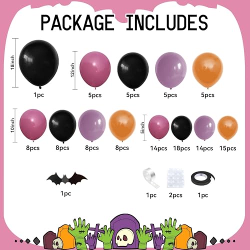 Image of Pink Halloween Balloon Garland Arch Kit,Purple Black Balloons with 3D Bats Decor,Spider Foil Balloon for Halloween Birthday Party Supplies Decorations