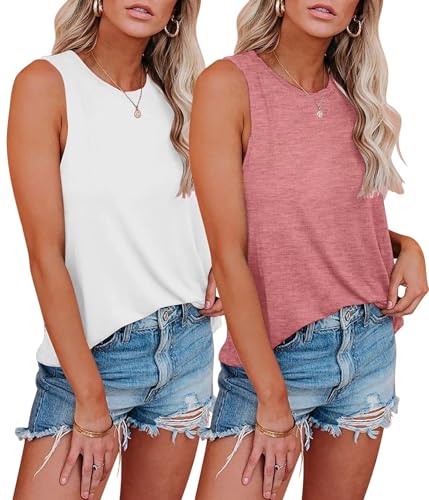 KKJ 2 Pack Womens Tank Tops Workout Tees Summer Clothes Fashion Outfits Crew Neck Sleeveless Loose Fit Fall Casual Shirts