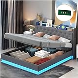 Racxily Cama de matrimonio de 160 x 200 cm, cama de matrimonio con espacio de almacenamiento, con puerto de carga USB y armario hidráulico (gris, 160 x 200)