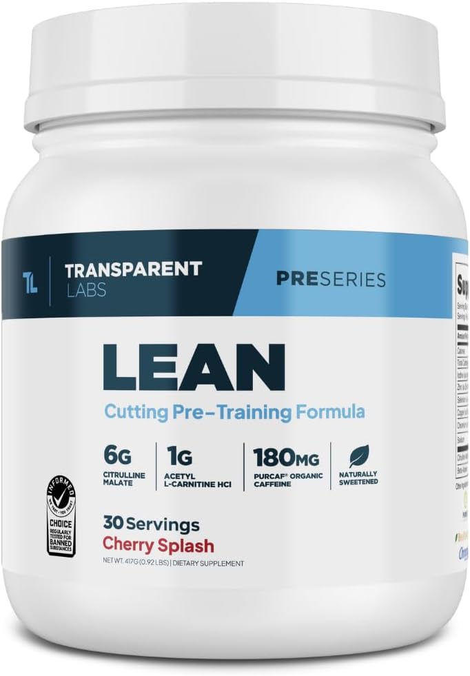 Transparent Labs Lean Pre-Workout - Body Recomposition Pre Workout for Men and Women with Acetyl L-Carnitine, Beta Alanine Powder, & PurCaf Organic Caffeine Powder - 30 Servings, Cherry Splash