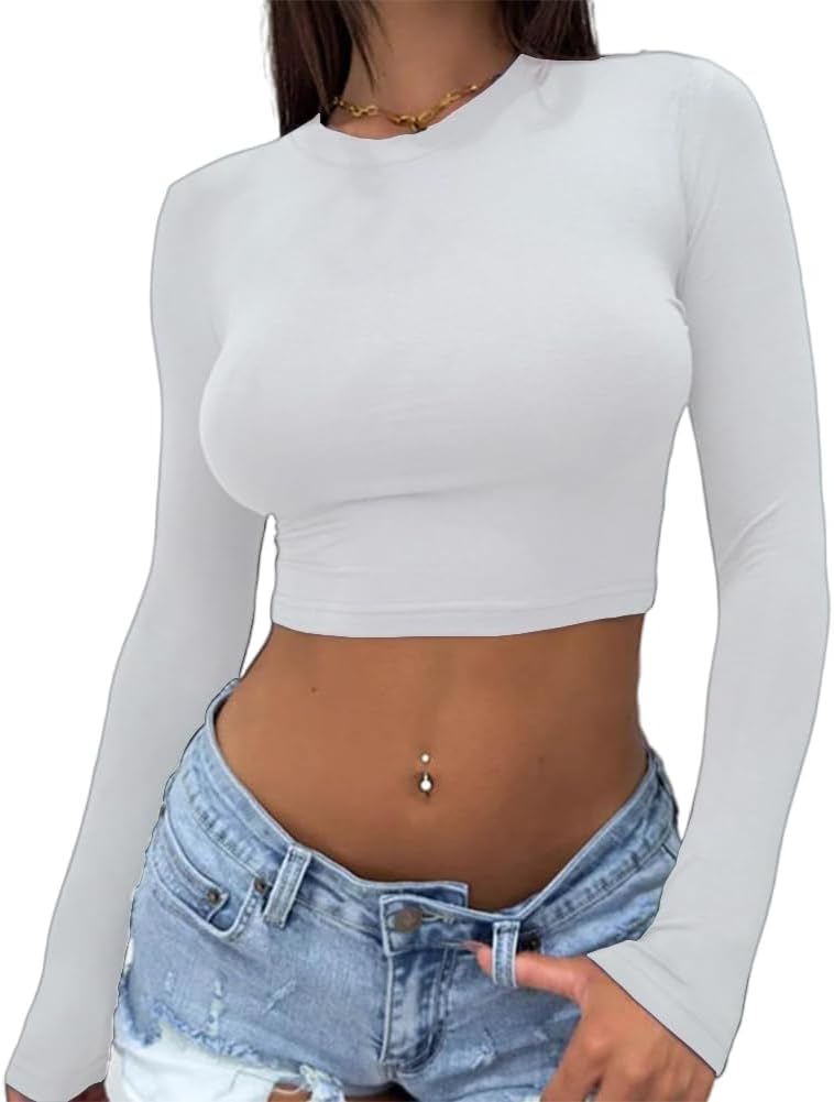 Dwnval Women's Long Sleeve Crop Tops Y2K Crewneck Cute Sexy Slim fit Cropped T Shirts