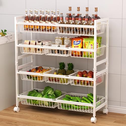 Cinati 4-Tier Kitchen Storage Cart, Adjustable Rolling Pantry Storage Cart with 10 Baskets & Handle...