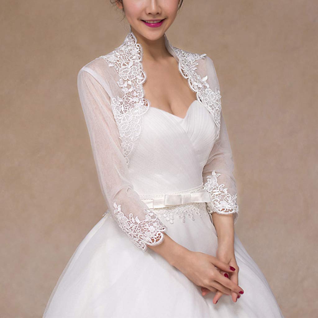 Chal de Boda, Chaqueta de Boda de Manga 3/4 para Mujer Capa con Adornos de Encaje Floral Abrigo encogiéndose de Hombros Cárdigan Bolero