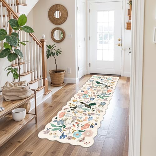 Hallway 2x5 Washable Runner Rug: Stain Resistant Floral Scalloped Rug for Kitchen Entryway Farmhouse Soft Carpet for Bathroom Bedroom Thin Laudry Living Room Floor Mat with Non Slip Backing(2x5,Cream)