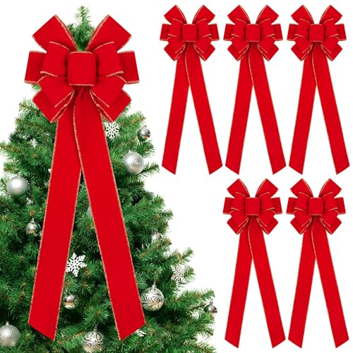 Fovths 6-Piece Red Velvet Christmas Bows - 30.7 x 10.6 Inches Large Wreath Bow with Glitter Gold Edge - Christmas Tree Topper Ornament for Home Indoor/Outdoor Door Decor