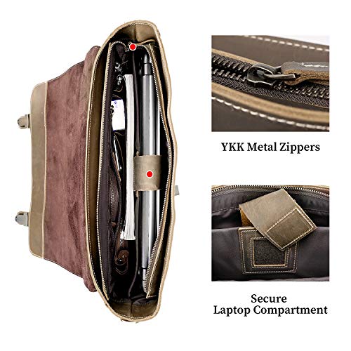 Texbo Men's 16 Inch Full Grain Cowhide Leather Laptop Briefcase Messenger Bag Tote with YKK Metal Zipper