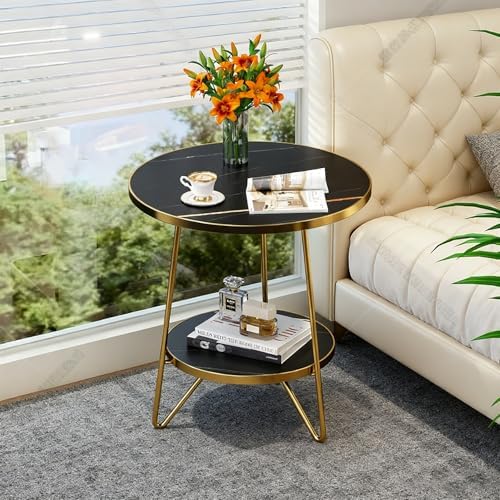 Tribesigns Faux Marble End Table, 2 Tier Round Side Table with Sh...