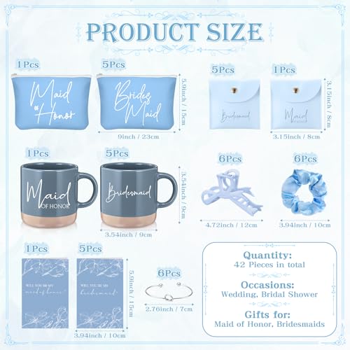 Didaey 42 Pcs 6 Sets Bridesmaid Proposal Gifts Wedding Maid of Honour Gifts Ceramic Coffee Cups Cosmetic Makeup Bags Invited Cards Scrunchies Knotted Bracelets Jewellery Bags Hair Claw Clips (Blue) - Image 2