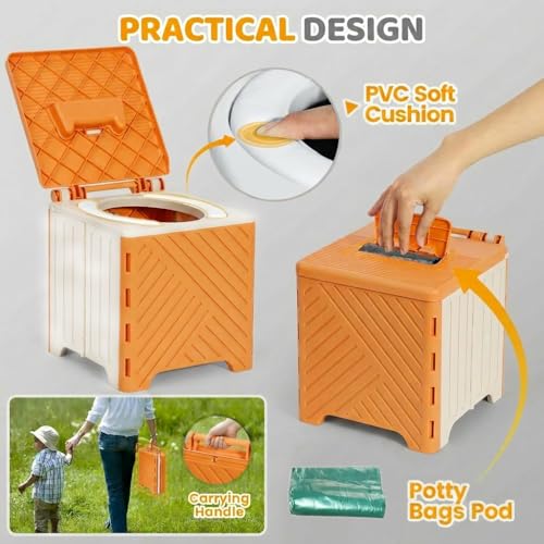 3-in-1 Foldable Portable Travel Toddler Kids Potty Training Toilet Seat- Chair& Seat& Step Stool, Maximum Load 70kg, Suitable for Car, Camping, Indoor&Outdoor Use, Includes 15 Storage Bags (Orange) - Image 3
