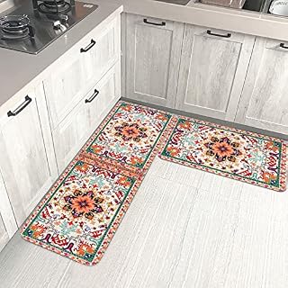 Yugarlibi Kitchen Rugs Mats, 2 Piece Anti-Fatigue Cushioned Boho Vintage Kitchen Mats Non-Slip Washable Comfort Kitchen Standing Mat, Kitchen Rug Runner for Home Kitchen Office 44x76+44x120cm
