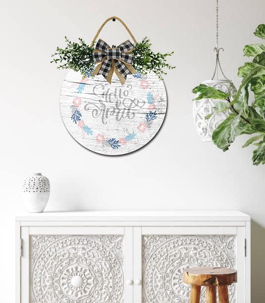 KABAKE Decorazione rotonda in legno con scritta Hello Sign Portico per