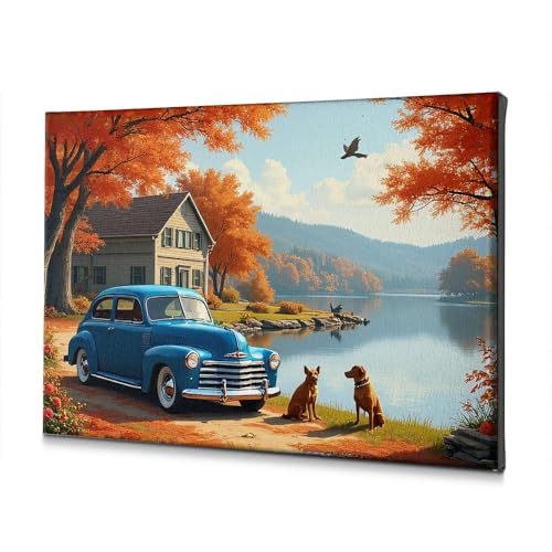 Toile de Pâques avec voiture vintage 30x40 cm châssis bois durable